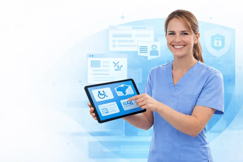 A clinician in scrubs holding a tablet that shows accessibility icons, including a wheelchair symbol and a sign-language symbol.