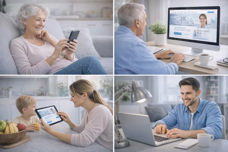 Four people at home — on a phone, a desktop computer, a tablet and a laptop — each looking at a health care website.